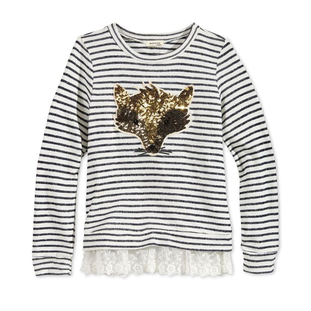 Monteau Girls' Striped Fox Lace-Hem Sweat Top